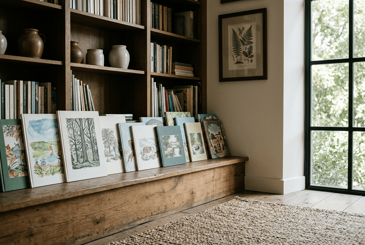Ряд детских книг, выставленных лицом на низком дубовом ledge